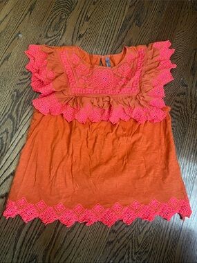 Anthropologie Orange Tank Top with Neon Pink Embroidery